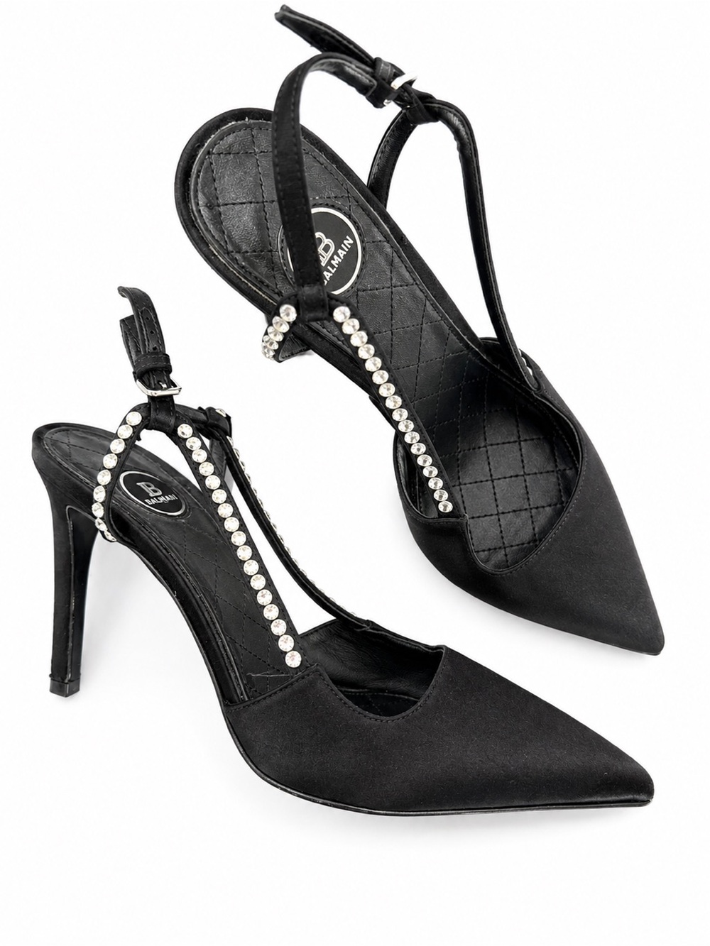 Balmain Black Crystal-Embellished Slingback Pumps